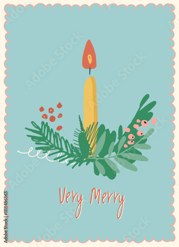 Vintage Merry Christmas card with a candle for festive branding projects, logos, stickers, invitations, scrapbooking, wall posters, social media and for decorating your home, crafts and goods