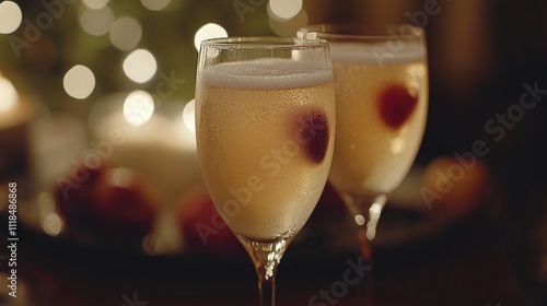 Two champagne flutes with cherries, festive lights.