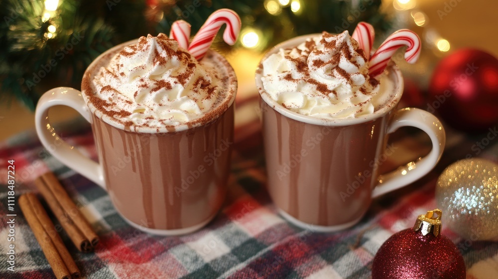A cozy hot chocolate setup with whipped cream, candy canes, and cinnamon sticks, placed on a plaid cloth amidst Christmas baubles and fairy lights A cozy hot chocolate setup with whipped cream, candy canes, and cinnamon sticks, placed on a plaid cloth amidst Christmas baubles and fairy lights