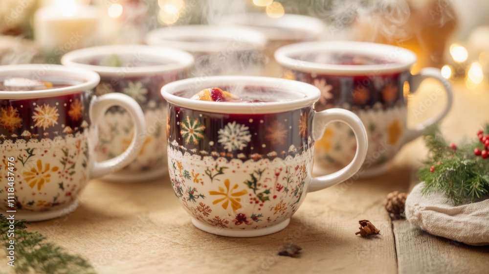 Steaming mulled wine in festive mugs warming up for christmas eve Steaming mulled wine in festive mugs warming up for christmas eve