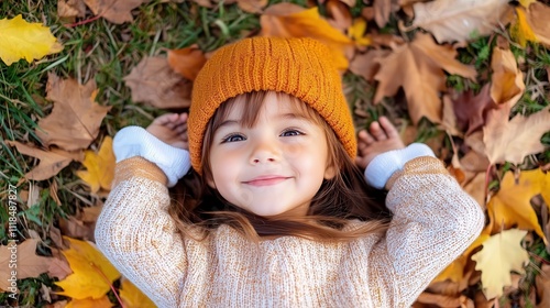 A smiling child dressed in cozy knitwear lies playfully on a bed of autumn leaves, surrounded by the warmth of the season, enriching the scene's natural beauty. photo