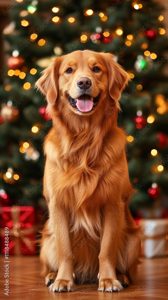 Golden retriever sitting by a decorated Christmas tree. Golden retriever sitting by a decorated Christmas tree.