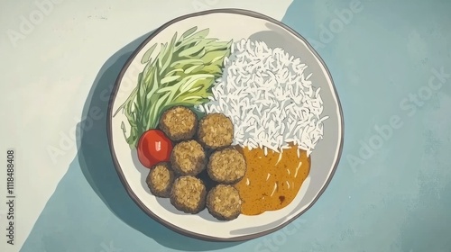 A plate featuring rice, meatballs, sauce, greens, and a cherry tomato, showcasing a meal.