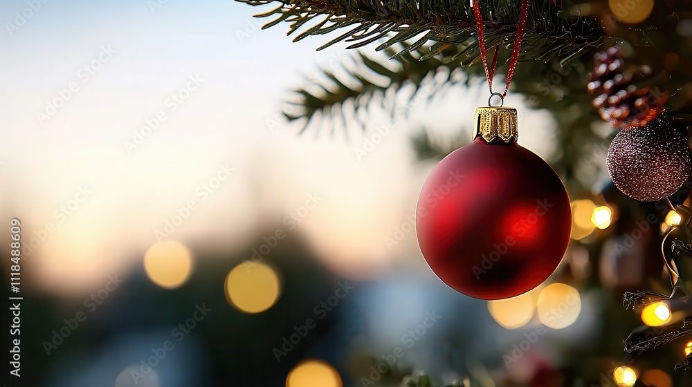 This bright red bauble beautifully adorns a well-lit Christmas tree, creating a festive and inviting atmosphere that exemplifies the season's magic. This bright red bauble beautifully adorns a well-lit Christmas tree, creating a festive and inviting atmosphere that exemplifies the season's magic.
