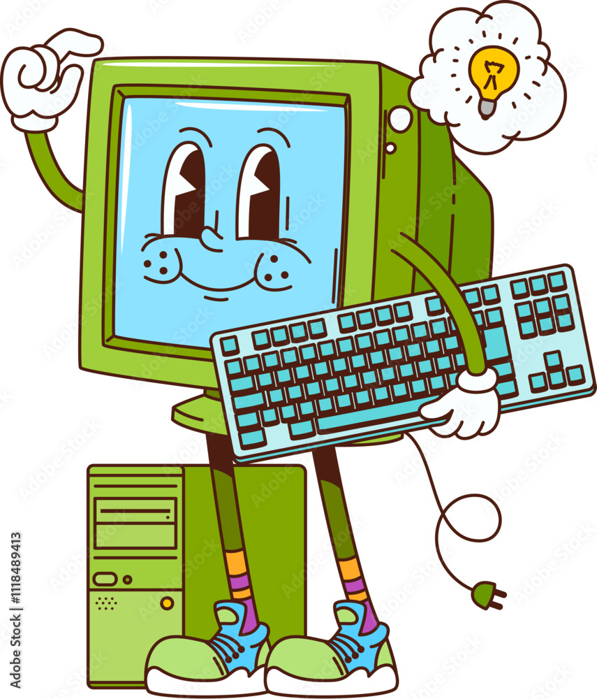 Retro groovy computer character. Cartoon vector pc personage with light ...
