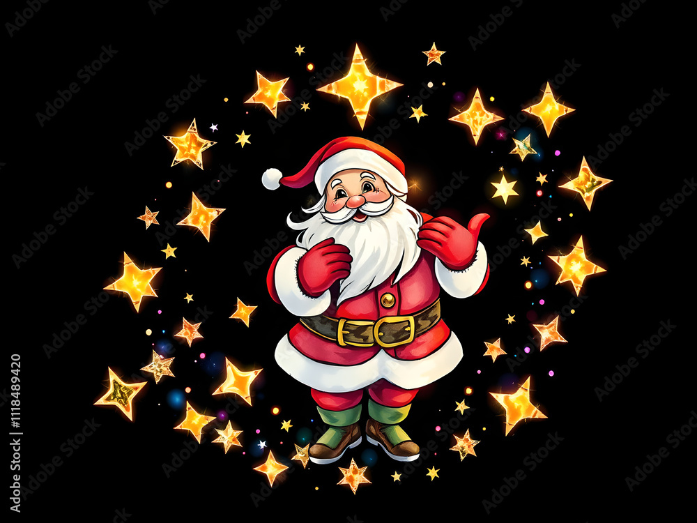 Jolly Santa Surrounded by Twinkling Stars: A Vibrant Watercolor Clipart Jolly Santa Surrounded by Twinkling Stars: A Vibrant Watercolor Clipart