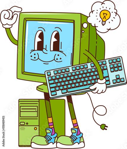 Retro groovy computer character. Cartoon vector pc personage with light bulb cloud over the monitor and keyboard in hands, capturing the nostalgic vibe of vintage electronics with its blue screen