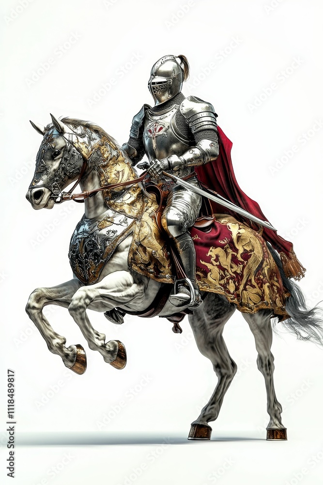 Armored knight, horse, leaping, ornate saddle, sword. Armored knight, horse, leaping, ornate saddle, sword.