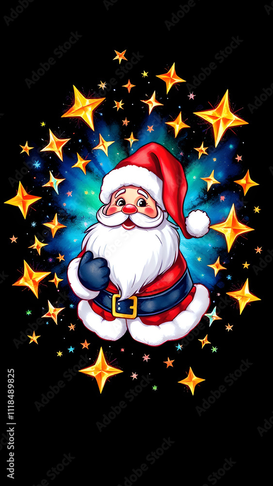 Jolly Santa Surrounded by Twinkling Stars: A Vibrant Watercolor Clipart Jolly Santa Surrounded by Twinkling Stars: A Vibrant Watercolor Clipart