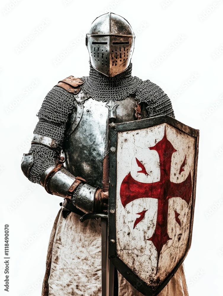 Fototapeta premium Armored knight, sword, shield, cross emblem.