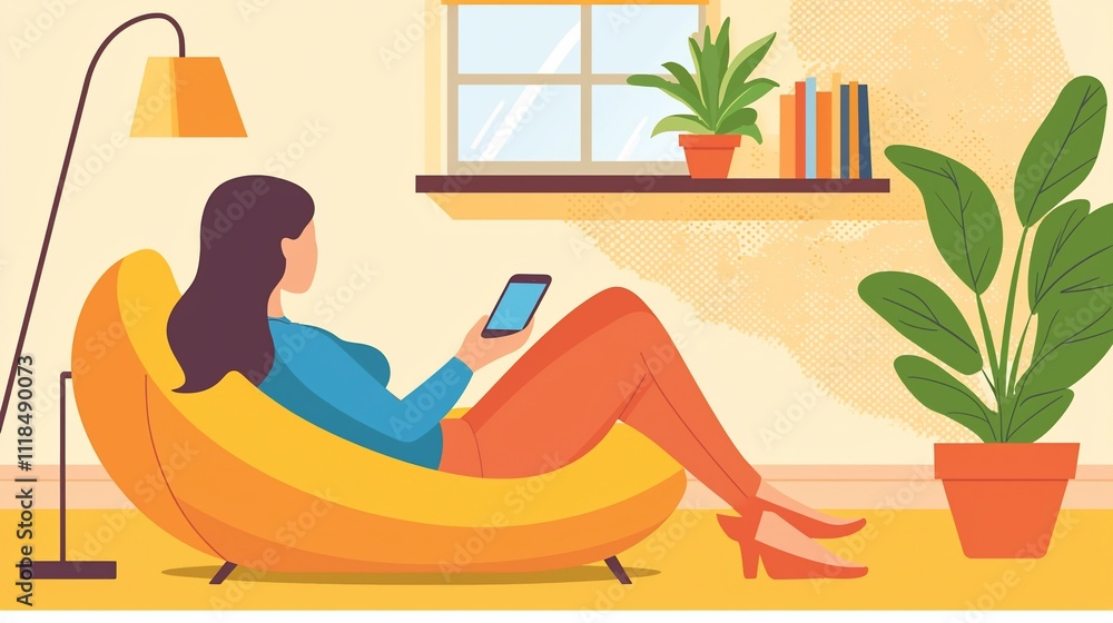 Woman relaxing in a comfy chair using a smartphone in a cozy home interior. Woman relaxing in a comfy chair using a smartphone in a cozy home interior.