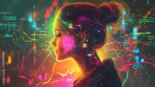 A vibrant portrait of a woman in profile, surrounded by colorful digital elements, symbolizing technology and innovation.