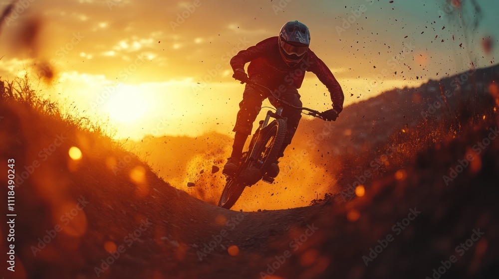 Mountain biker in sunset, airborne, dust. Mountain biker in sunset, airborne, dust.