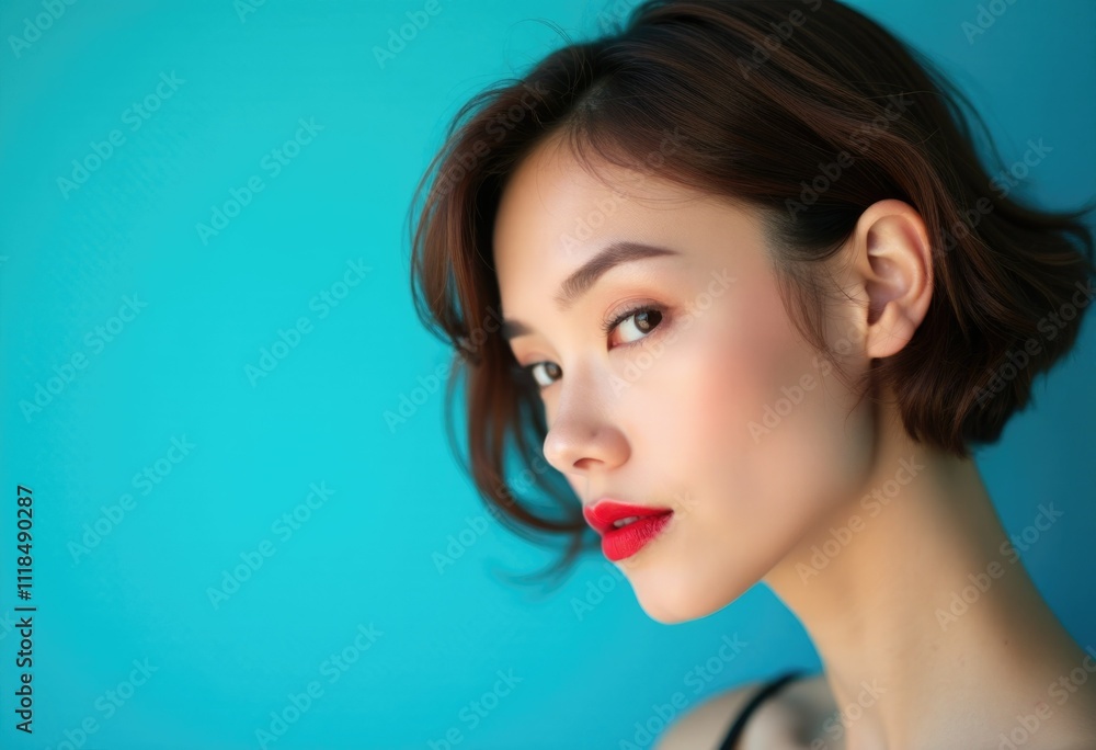 A woman with short brown hair and red lipstick looks to the side against a blue background. A woman with short brown hair and red lipstick looks to the side against a blue background.