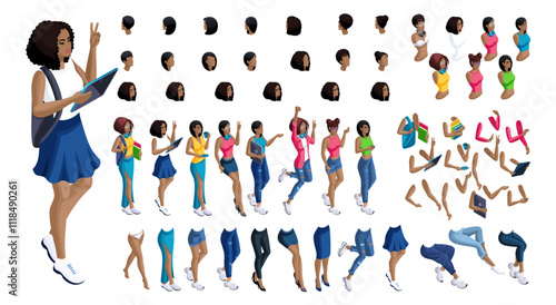 Isometric cartoon people, 3D Set for creating Black Student person. Full length gestures isolated, N6. Create your own design for vector