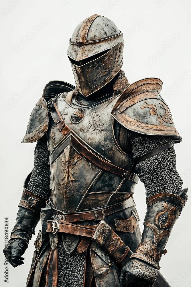 Fototapeta premium Ornate medieval armor, weathered metal, chainmail.