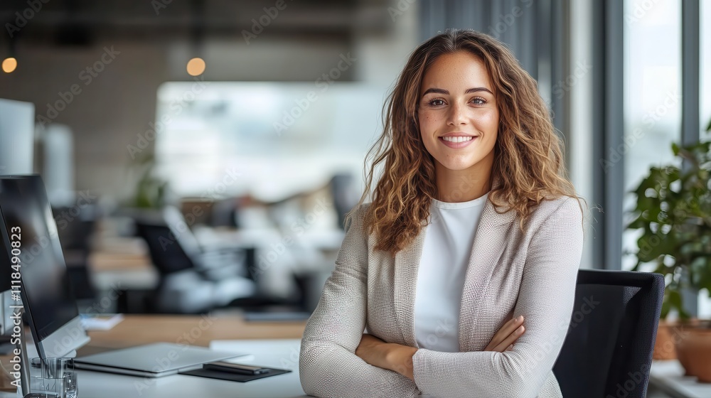 A confident businesswoman stands with folded arms, smiling warmly in a modern office setting. The space is lit naturally, conveying professionalism and innovation. A confident businesswoman stands with folded arms, smiling warmly in a modern office setting. The space is lit naturally, conveying professionalism and innovation.
