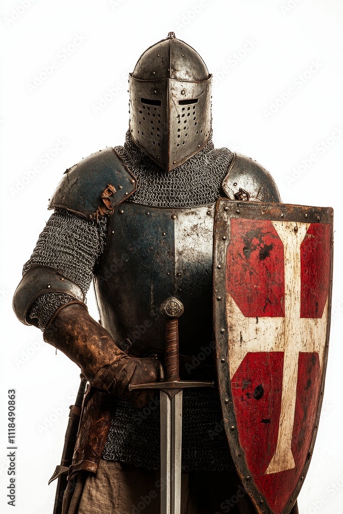 Naklejka premium Medieval knight, armor, sword, shield, cross.
