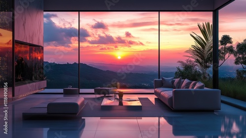 Modern living room with a panoramic view of a sunset, featuring sleek furniture and large glass windows overlooking hills.