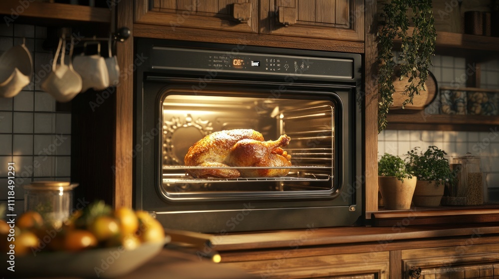 Roasted chicken in a built-in oven in a rustic kitchen. Roasted chicken in a built-in oven in a rustic kitchen.