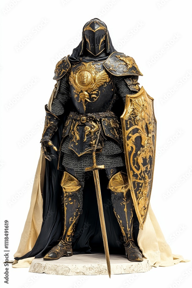 Fototapeta premium Ornate gold and black armored figure, sword, shield.