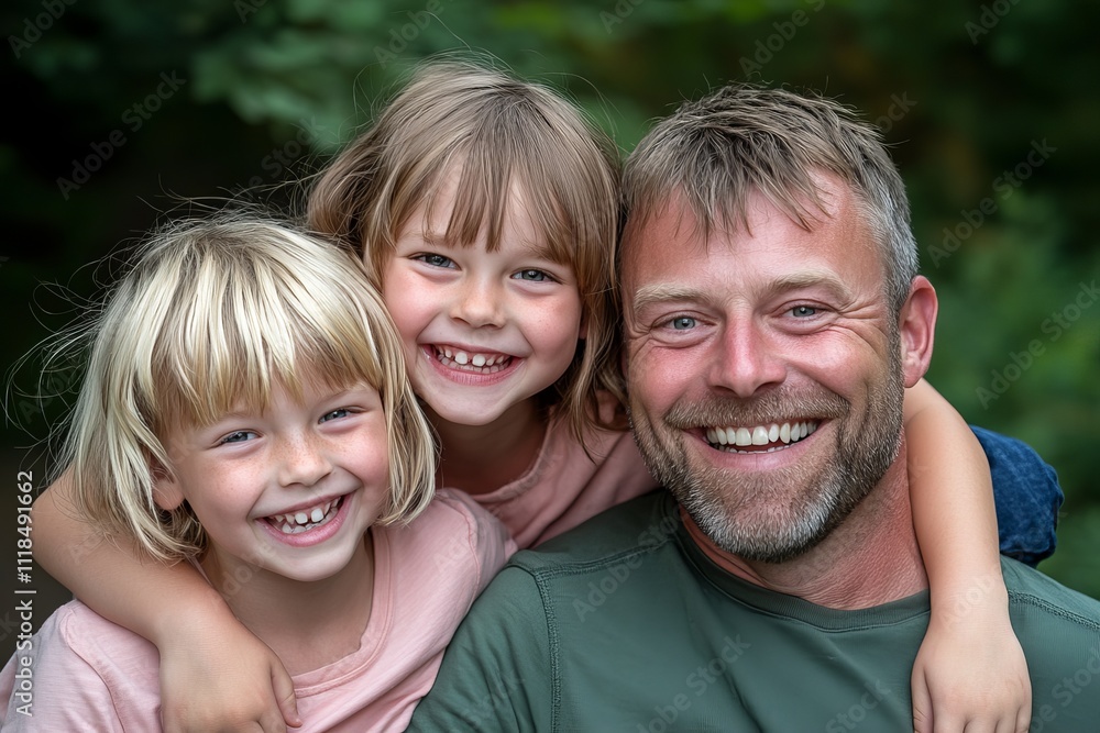 Happy father and his two daughters smiling together outdoors. A heartwarming family moment. Happy father and his two daughters smiling together outdoors. A heartwarming family moment.