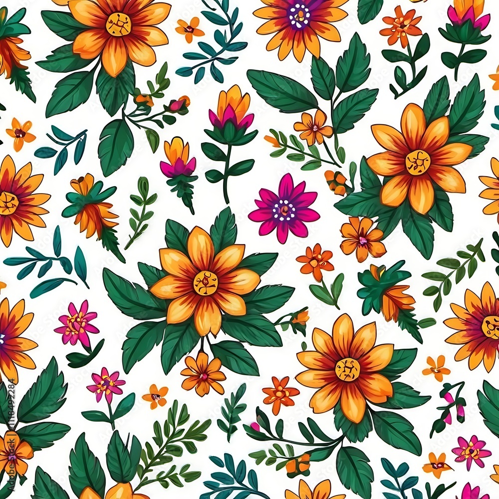 Floral Fiesta: A vibrant and cheerful seamless pattern bursting with yellow, orange, and pink flowers, lush green leaves, and a touch of whimsy. Floral Fiesta: A vibrant and cheerful seamless pattern bursting with yellow, orange, and pink flowers, lush green leaves, and a touch of whimsy.