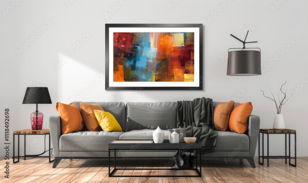 Fototapeta premium Bright and inviting living room showcases a captivating abstract artwork in a sleek frame. Cozy seating area with decorative pillows and stylish lighting creates a warm atmosphere
