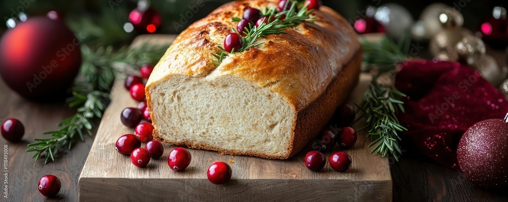 A freshly baked loaf of bread, styled with cranberries and rosemary sprigs, resting on a wooden board with holiday decorations subtly placed around it. A freshly baked loaf of bread, styled with cranberries and rosemary sprigs, resting on a wooden board with holiday decorations subtly placed around it.
