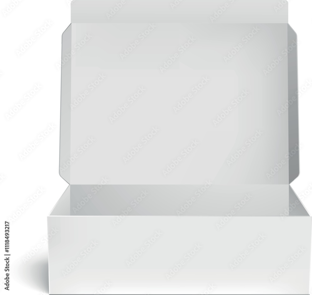 Realistic white rectangular cardboard box mockup is open, presenting empty space for products or gifts, creating a clean template for showcasing items Realistic white rectangular cardboard box mockup is open, presenting empty space for products or gifts, creating a clean template for showcasing items
