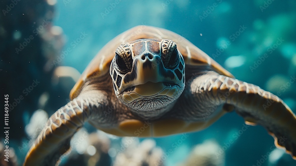 Fototapeta premium Close-up of a sea turtle swimming in underwater environment.