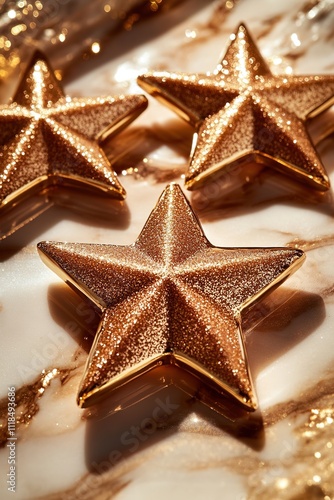 three golden stars arranged on smooth surface with glowing edges symbolizing guidance for three kings day with copy