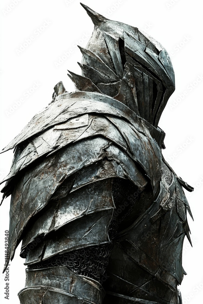 Fototapeta premium Weathered metal armor, knight, back view, isolated.