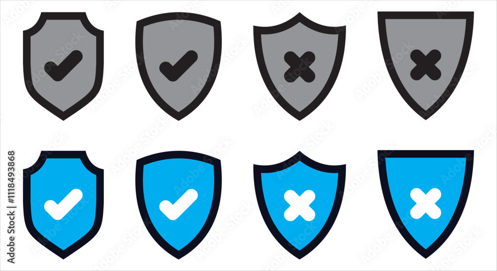 Shield with check mark and cross mark icon set Shield with check mark and cross mark icon set