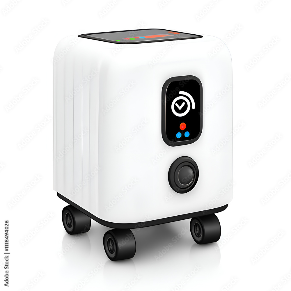 Compact portable device with touchscreen and wheels for easy mobility in modern home or office environments