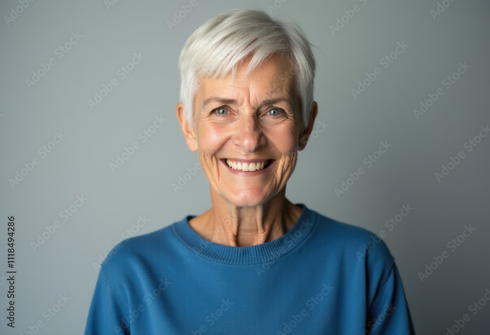 A senior woman with short white hair is smiling warmly. A senior woman with short white hair is smiling warmly.