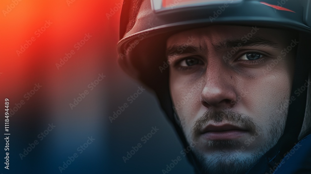 Close-up portrait of a young Caucasian man in a helmet, serious expression, cool color tones. Close-up portrait of a young Caucasian man in a helmet, serious expression, cool color tones.