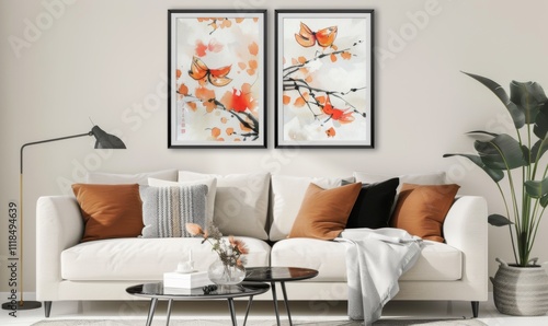 This contemporary living room showcases a chic arrangement with two framed artworks displaying delicate butterflies and branches, enhancing the warm atmosphere alongside a cozy sofa and stylish decor photo