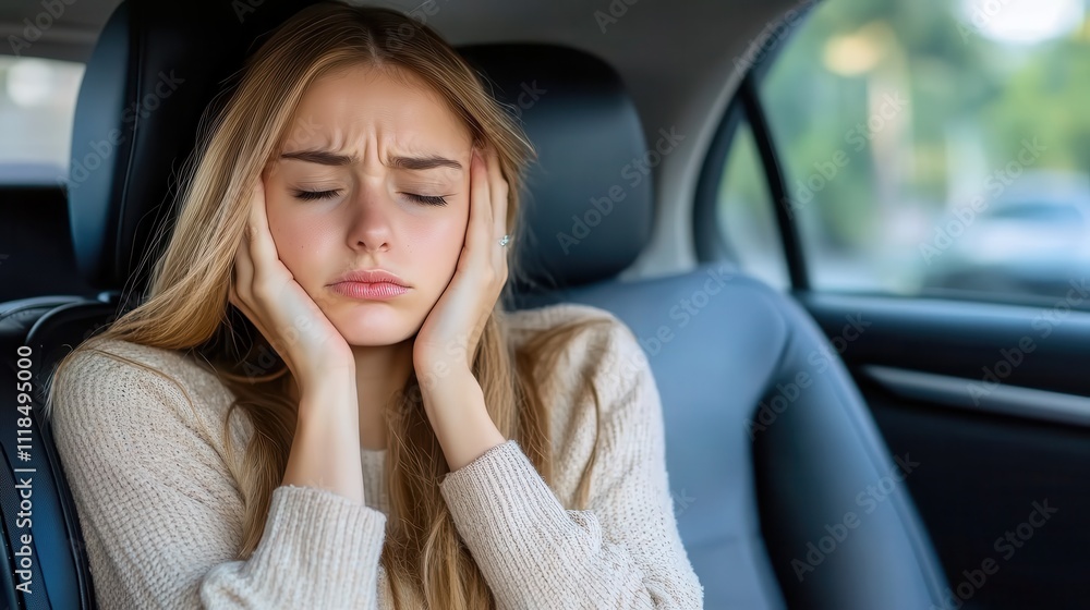 Young woman seated in a vehicle, holding her head with closed eyes, suggesting pressure or anxiety, capturing a moment of concern and introspection. Young woman seated in a vehicle, holding her head with closed eyes, suggesting pressure or anxiety, capturing a moment of concern and introspection.