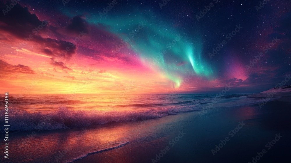 Naklejka premium Vibrant aurora borealis over ocean sunset beach.