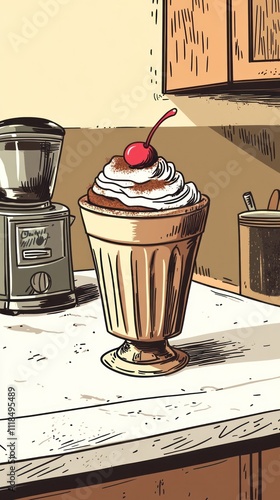 A delicious ice cream sundae topped with whipped cream and a cherry, placed on a countertop.