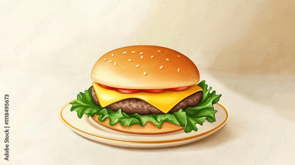 A delicious cheeseburger with lettuce and ketchup on a plate. A delicious cheeseburger with lettuce and ketchup on a plate.