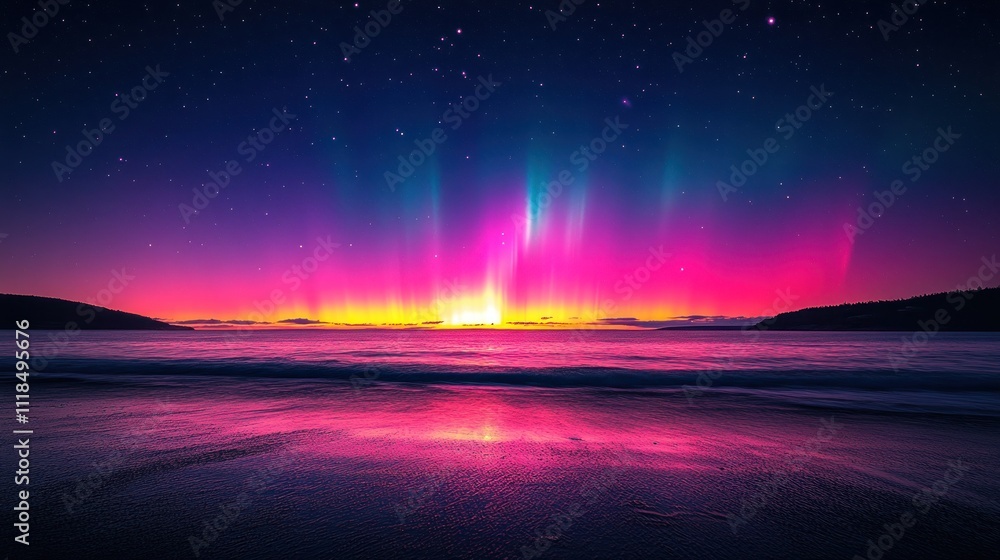 Vibrant aurora borealis sunrise over ocean beach. Vibrant aurora borealis sunrise over ocean beach.