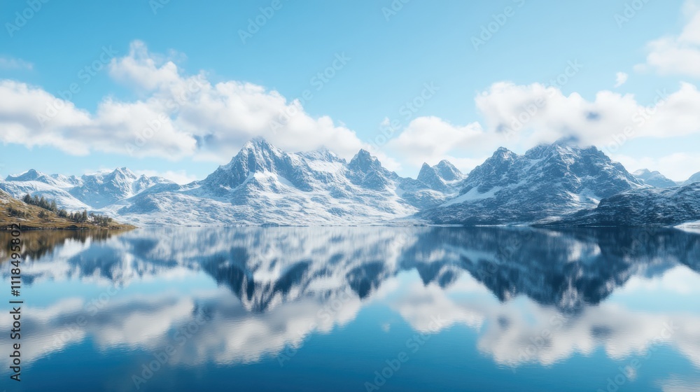 Serene snow-capped mountains reflected in a still lake under a bright blue sky. Serene snow-capped mountains reflected in a still lake under a bright blue sky.