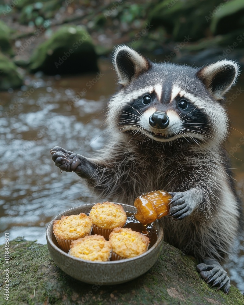 Fototapeta premium Raccoon enjoying homemade muffins by the stream nature wild environment cute animal perspective food and fun concept