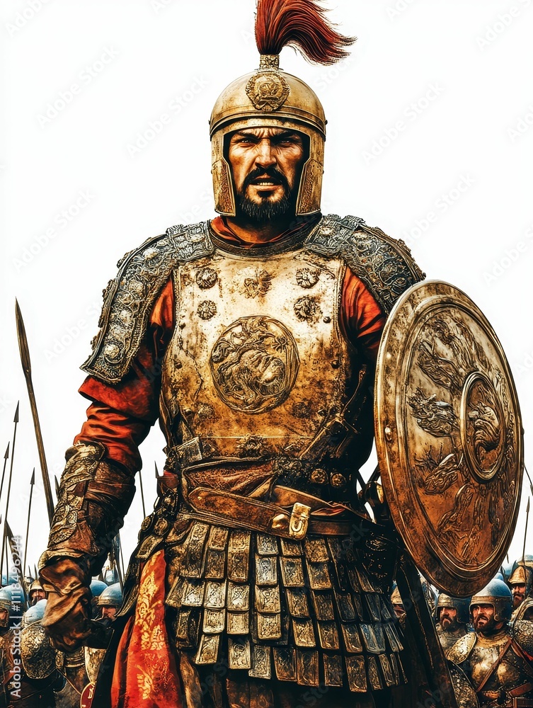 Ornate armored warrior, shield, army behind. Ornate armored warrior, shield, army behind.