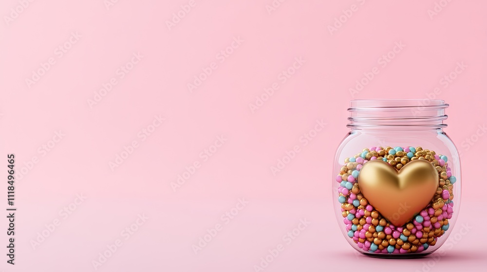 A gold heart encased in a clear glass ball rests among vibrant confetti on a soft pink background, perfect for Valentine's Day or other romantic occasions. Copy space is available A gold heart encased in a clear glass ball rests among vibrant confetti on a soft pink background, perfect for Valentine's Day or other romantic occasions. Copy space is available