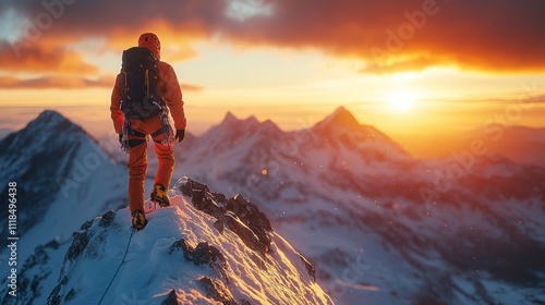 Climber on snowy mountain peak at sunset.