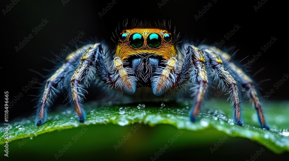 Vibrant jumping spider on dewy leaf. Vibrant jumping spider on dewy leaf.
