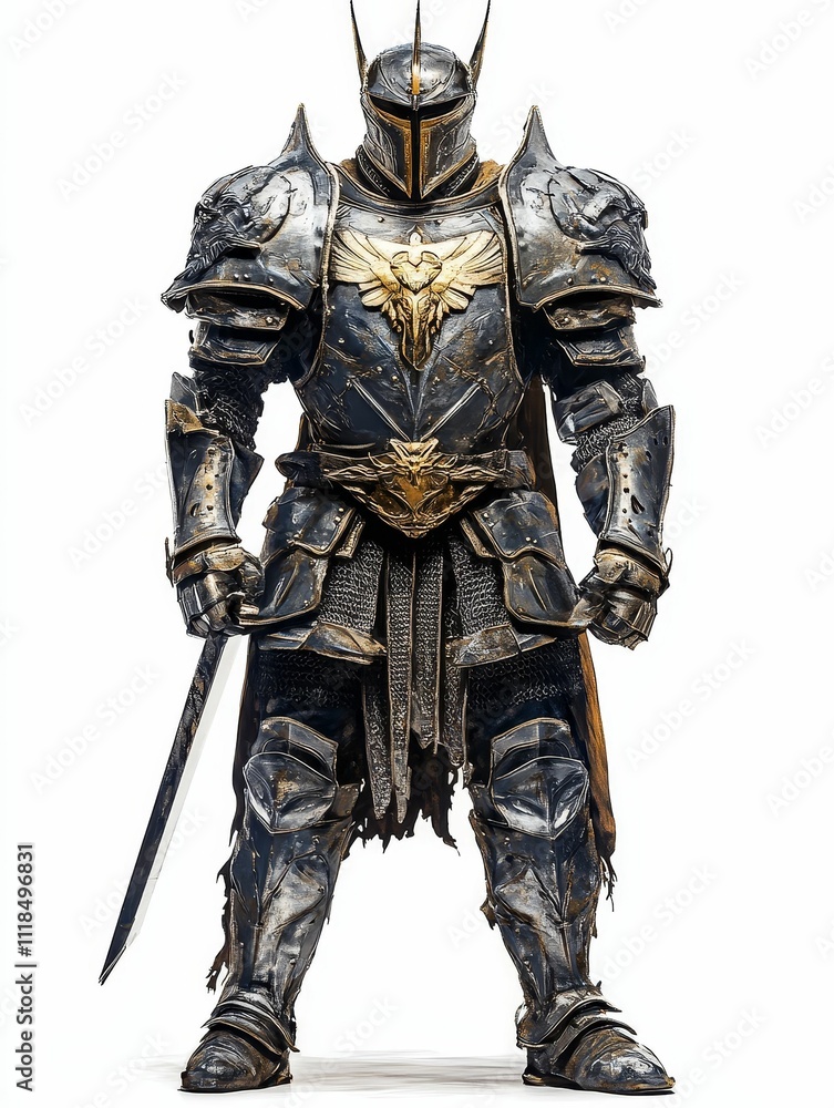 Dark, ornate armor; warrior; sword; white background. Dark, ornate armor; warrior; sword; white background.